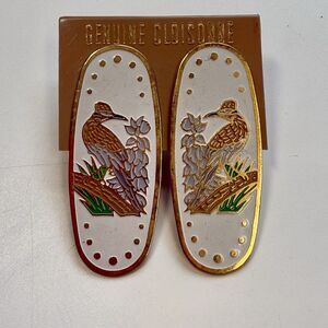 Genuine Cloisonné Oblong Lightweight Metal Floral Bird Stud Earrings New